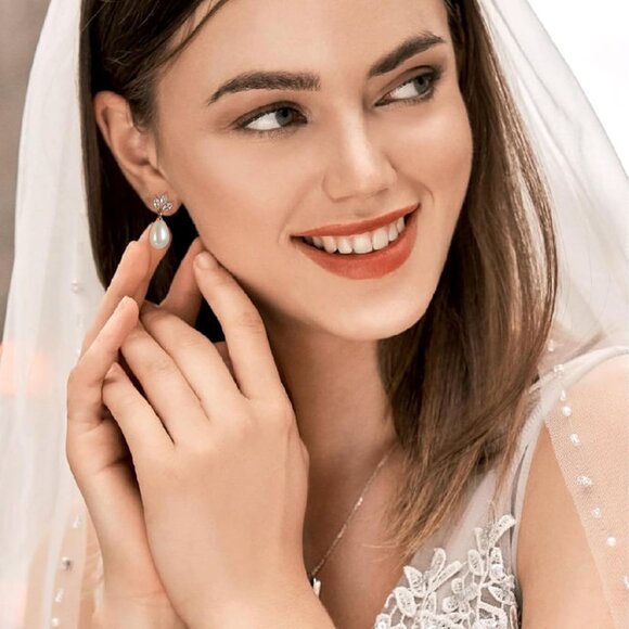 🆕 Women Gold Trendy Pearl Drop Dangle Earrings Cubic Zirconia Brides Jewelry - Picture 4 of 6